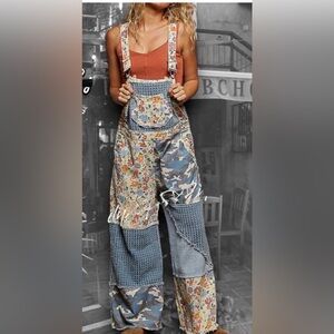 POL- NWT Boho Farm Girl Mixed Fabric Cotton Denim Floral Patch Overalls.